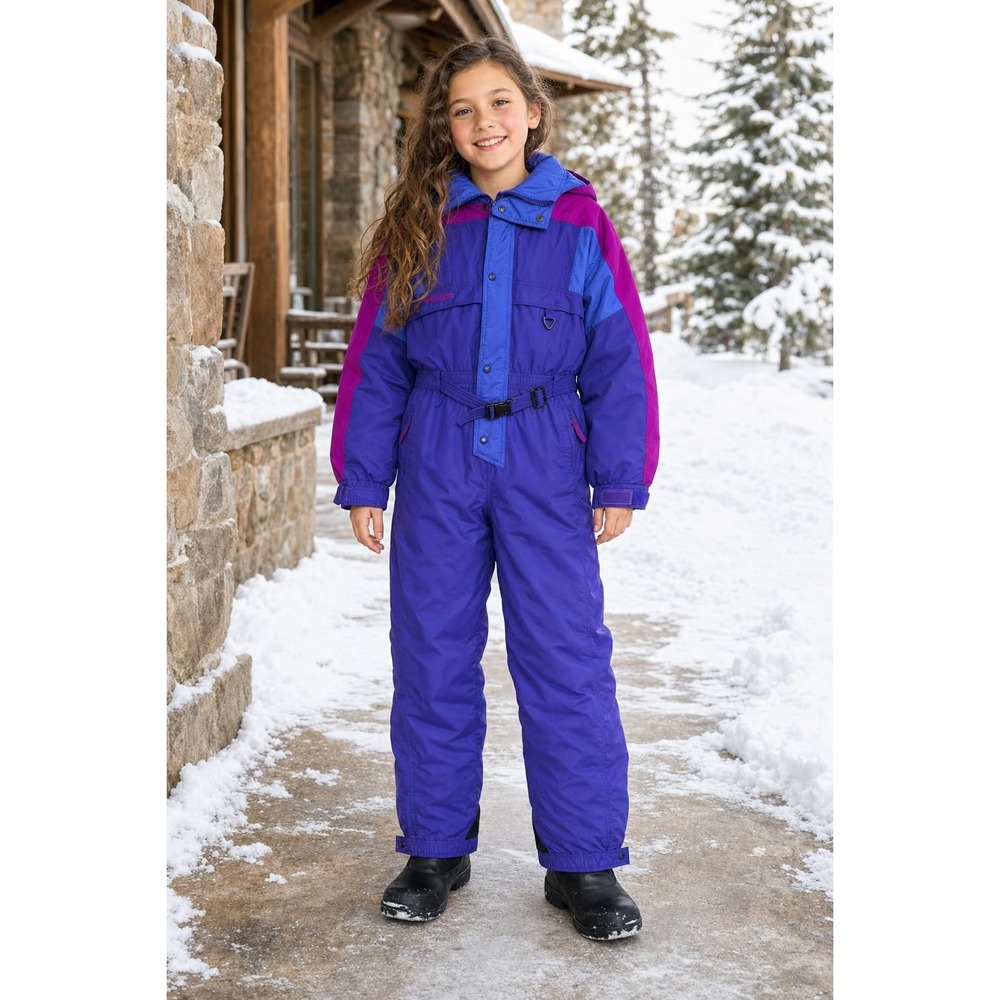 Vintage Columbia Snowsuit Girls 8 Purple Colorblock One Piece Belted Retro Ski